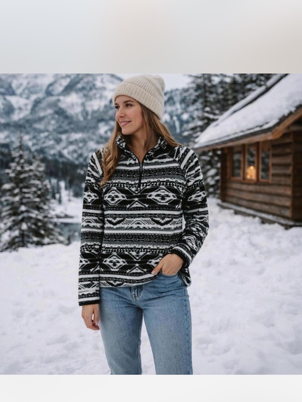 Eddie Bauer Black & White Nordic Half-Zip Teddy Jacket